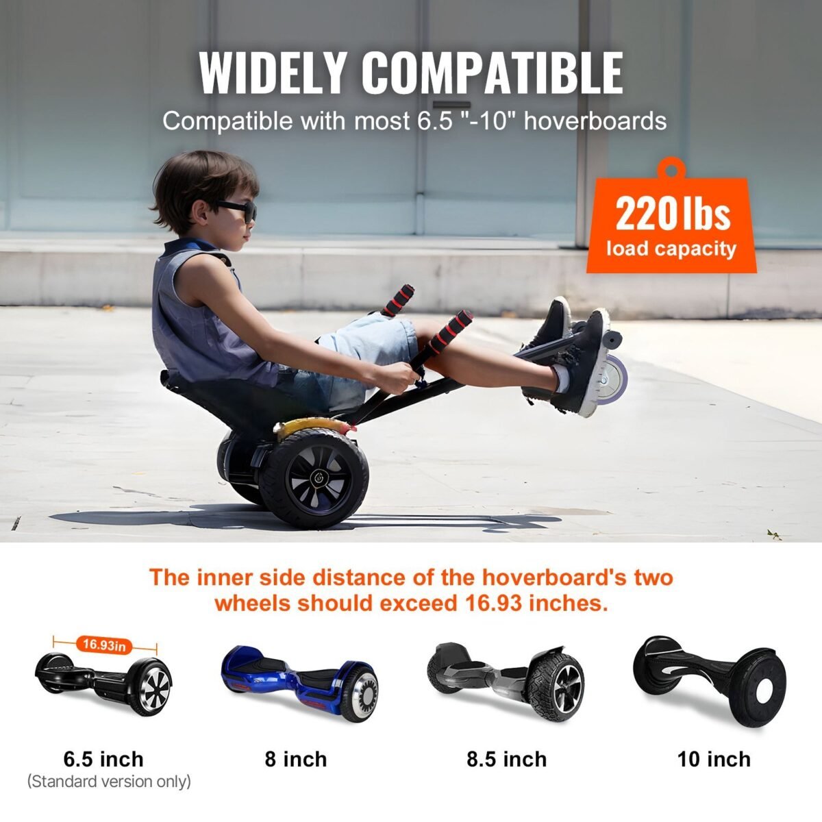 VEVOR BH-001 Hoverboard Seat Attachment, Compatible with All 6.5" 8" 8.5" 10" Hoverboards, Grips Control, Adjustable Frame Length and 220 LBS Load Capacity, Hover Board Go Karts Accessory, for Kids Adults - Image 8