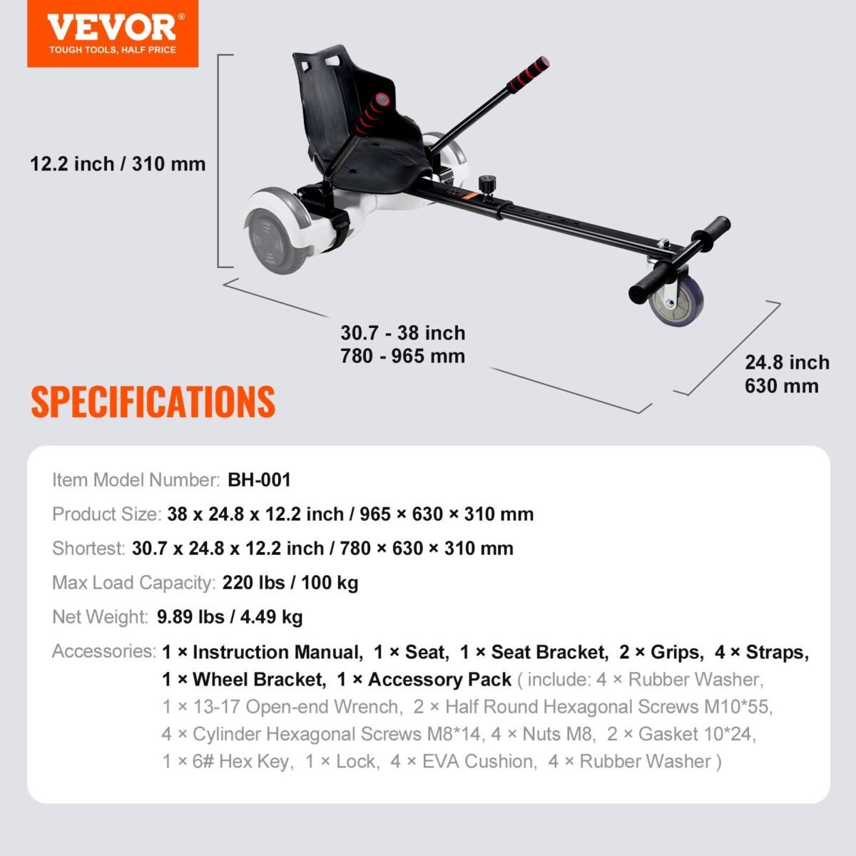 VEVOR BH-001 Hoverboard Seat Attachment, Compatible with All 6.5" 8" 8.5" 10" Hoverboards, Grips Control, Adjustable Frame Length and 220 LBS Load Capacity, Hover Board Go Karts Accessory, for Kids Adults - Image 6