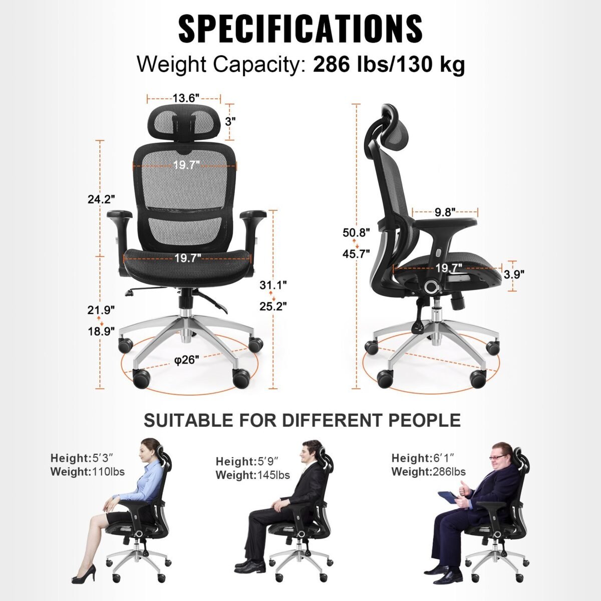 VEVOR W-235AC Ergonomic Office Chair - Image 7