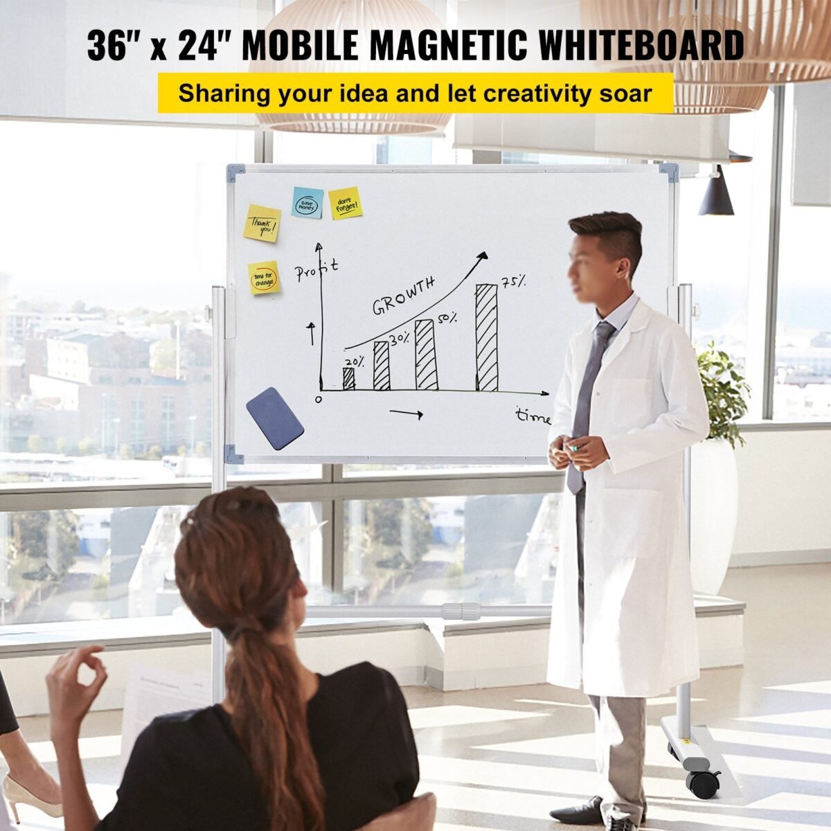 VEVOR YDMB36X24 Mobile Magnetic Whiteboard, 36 x 24 Inch, Double Sided, 360 Degree Reversible Rolling Dry Erase Board, Height Adjustable with Aluminum Frame and Lockable Swivel Wheels, for Office School Home etc. - Image 3