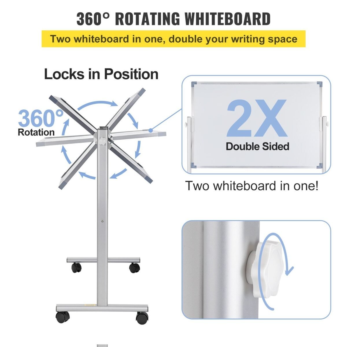 VEVOR YDMB36X24 Mobile Magnetic Whiteboard, 36 x 24 Inch, Double Sided, 360 Degree Reversible Rolling Dry Erase Board, Height Adjustable with Aluminum Frame and Lockable Swivel Wheels, for Office School Home etc. - Image 9