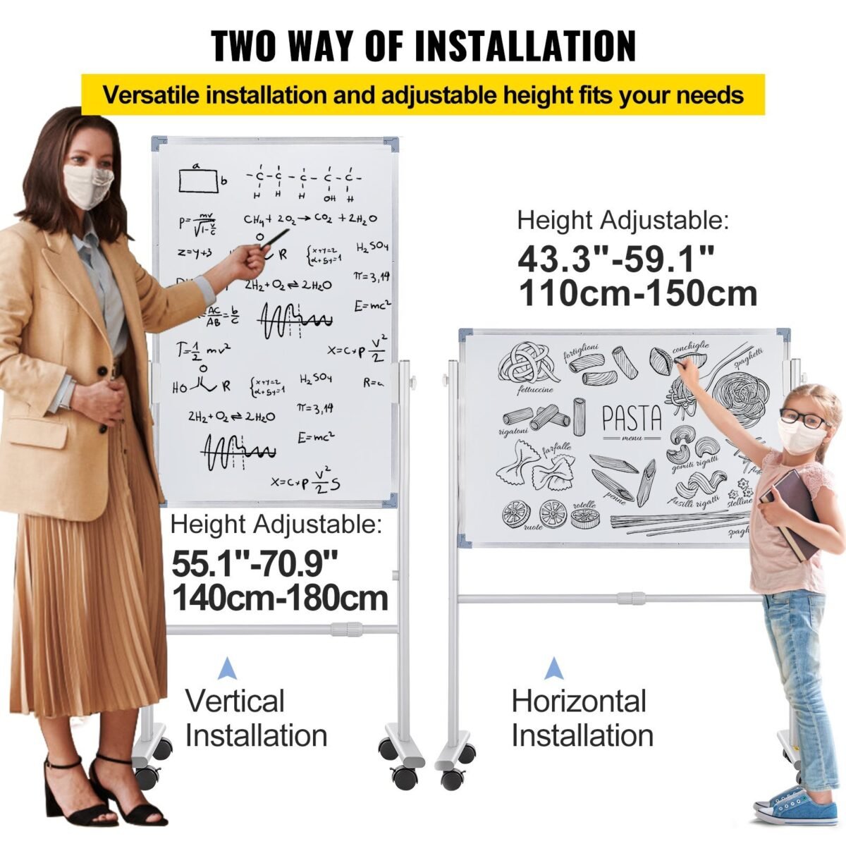 VEVOR YDMB36X24 Mobile Magnetic Whiteboard, 36 x 24 Inch, Double Sided, 360 Degree Reversible Rolling Dry Erase Board, Height Adjustable with Aluminum Frame and Lockable Swivel Wheels, for Office School Home etc. - Image 8
