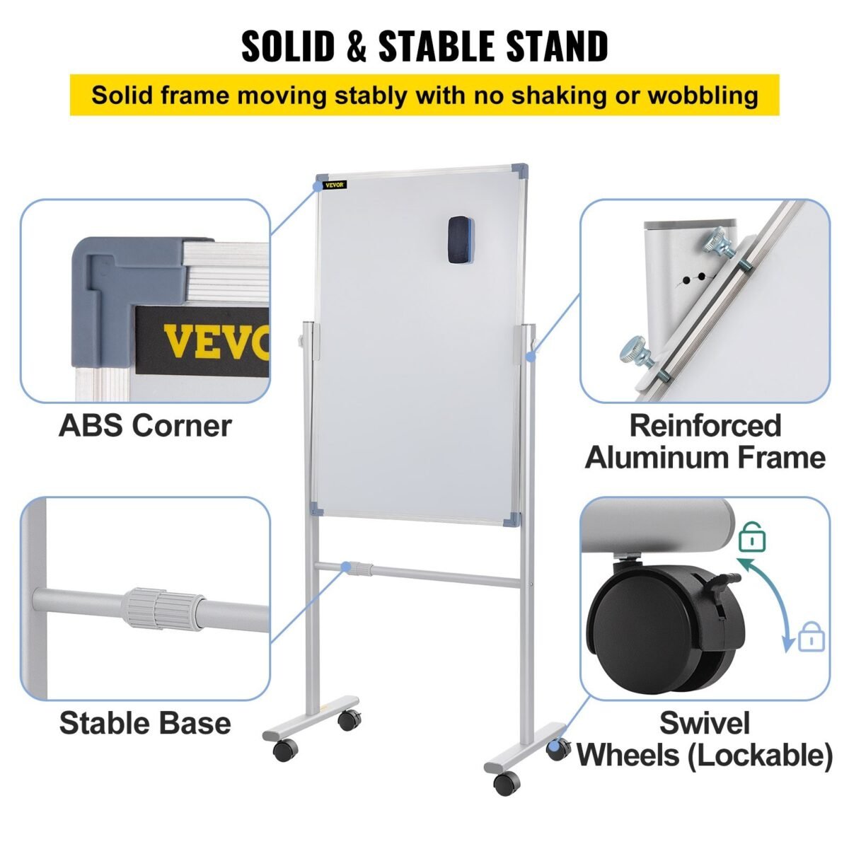 VEVOR YDMB36X24 Mobile Magnetic Whiteboard, 36 x 24 Inch, Double Sided, 360 Degree Reversible Rolling Dry Erase Board, Height Adjustable with Aluminum Frame and Lockable Swivel Wheels, for Office School Home etc. - Image 7