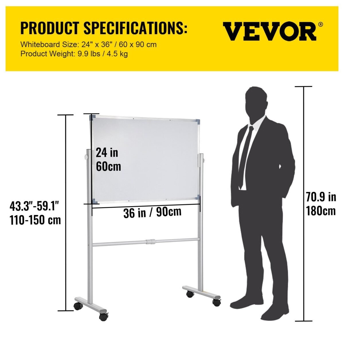 VEVOR YDMB36X24 Mobile Magnetic Whiteboard, 36 x 24 Inch, Double Sided, 360 Degree Reversible Rolling Dry Erase Board, Height Adjustable with Aluminum Frame and Lockable Swivel Wheels, for Office School Home etc. - Image 6