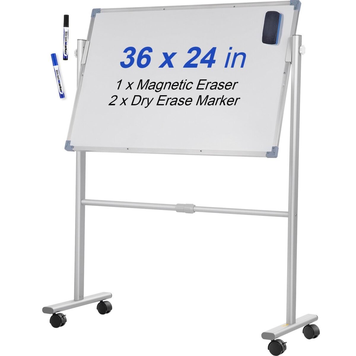 VEVOR YDMB36X24 Mobile Magnetic Whiteboard, 36 x 24 Inch, Double Sided, 360 Degree Reversible Rolling Dry Erase Board, Height Adjustable with Aluminum Frame and Lockable Swivel Wheels, for Office School Home etc. - Image 1