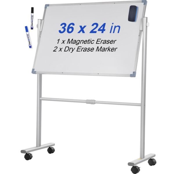 VEVOR YDMB36X24 Mobile Magnetic Whiteboard, 36 x 24 Inch, Double Sided, 360 Degree Reversible Rolling Dry Erase Board, Height Adjustable with Aluminum Frame and Lockable Swivel Wheels, for Office School Home etc.