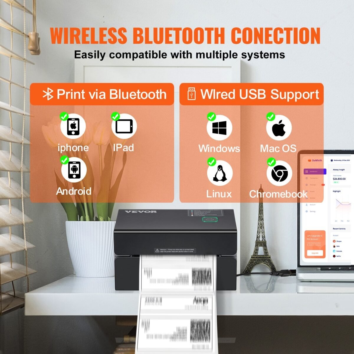 VEVOR 300DPI Bluetooth Thermal Label Printer w/Auto Recognition & Rohm Printer Head, Wireless Shipping Label Printer for 1.57" - 4.25" Width Labels,Thermal Printer Supports Shipping, Barcode, Household Labels and More - Image 11