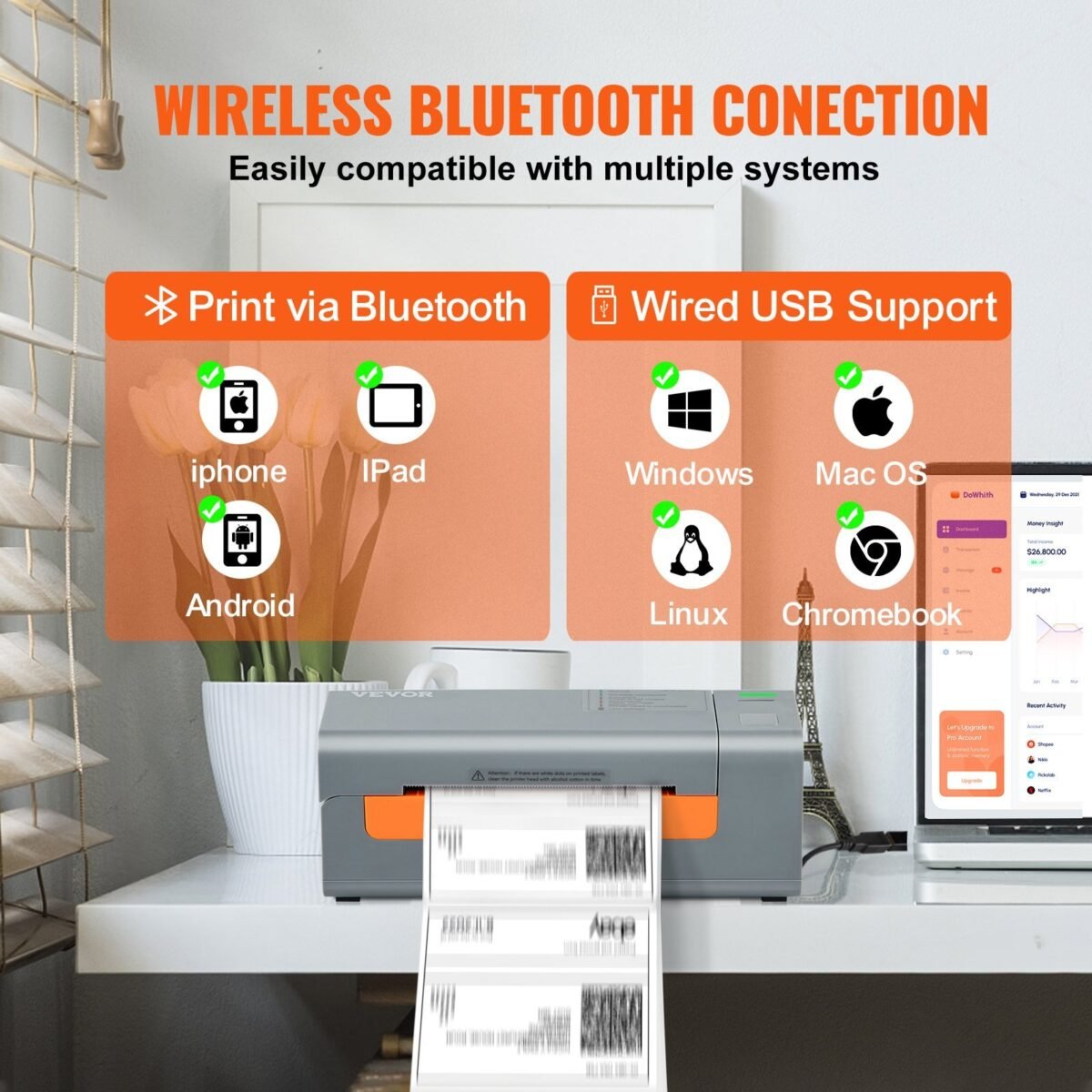 VEVOR Bluetooth Thermal Label Printer, Wireless Shipping Label Printer w/Automatic Label Recognition,Thermal Printer Supports Shipping, Barcode, Household Labels and More - Image 11
