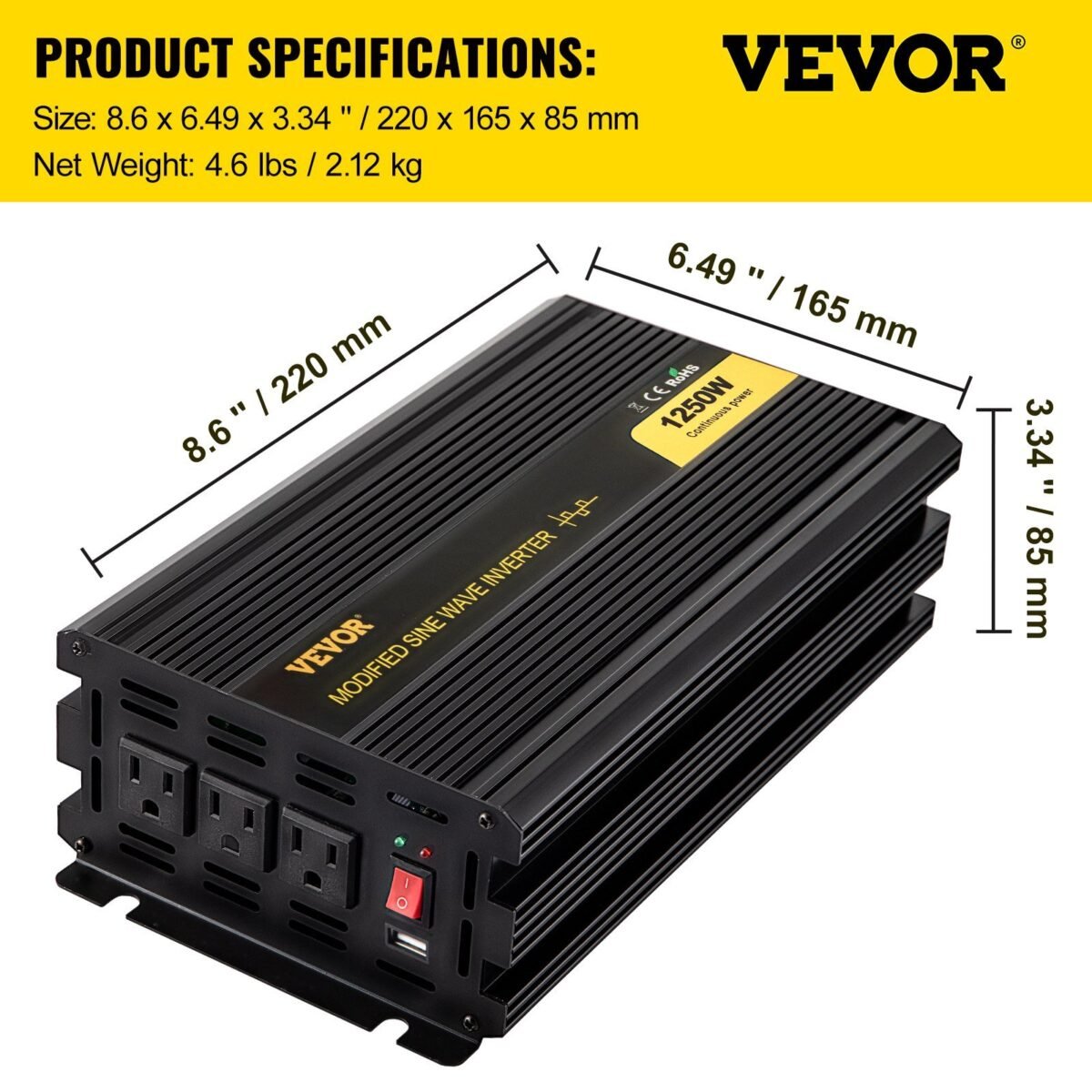 VEVOR GYM-1250W Power Inverter, 1250W - Image 7